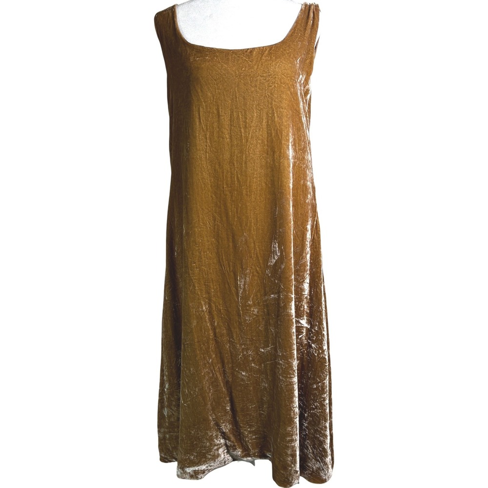 Pamela Barish L/XL Gold‎ Crushed Velvet Sleeveless Scoop Neck Maxi Dress Bronze